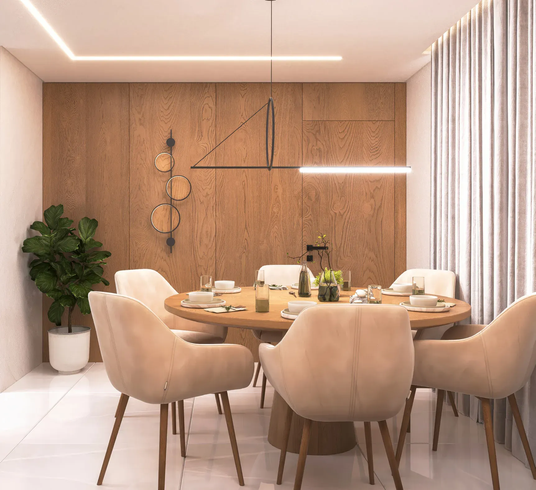 Ambiente de jantar do Gríseo Residence com mesa redonda e painel amadeirado