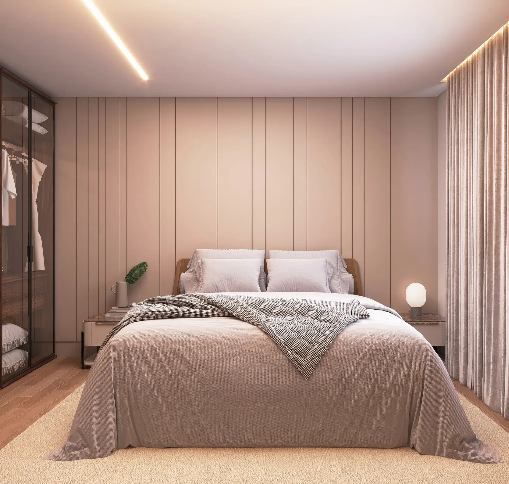 Quarto do Gríseo Residence com piso laminado e painel ripado na cabeceira