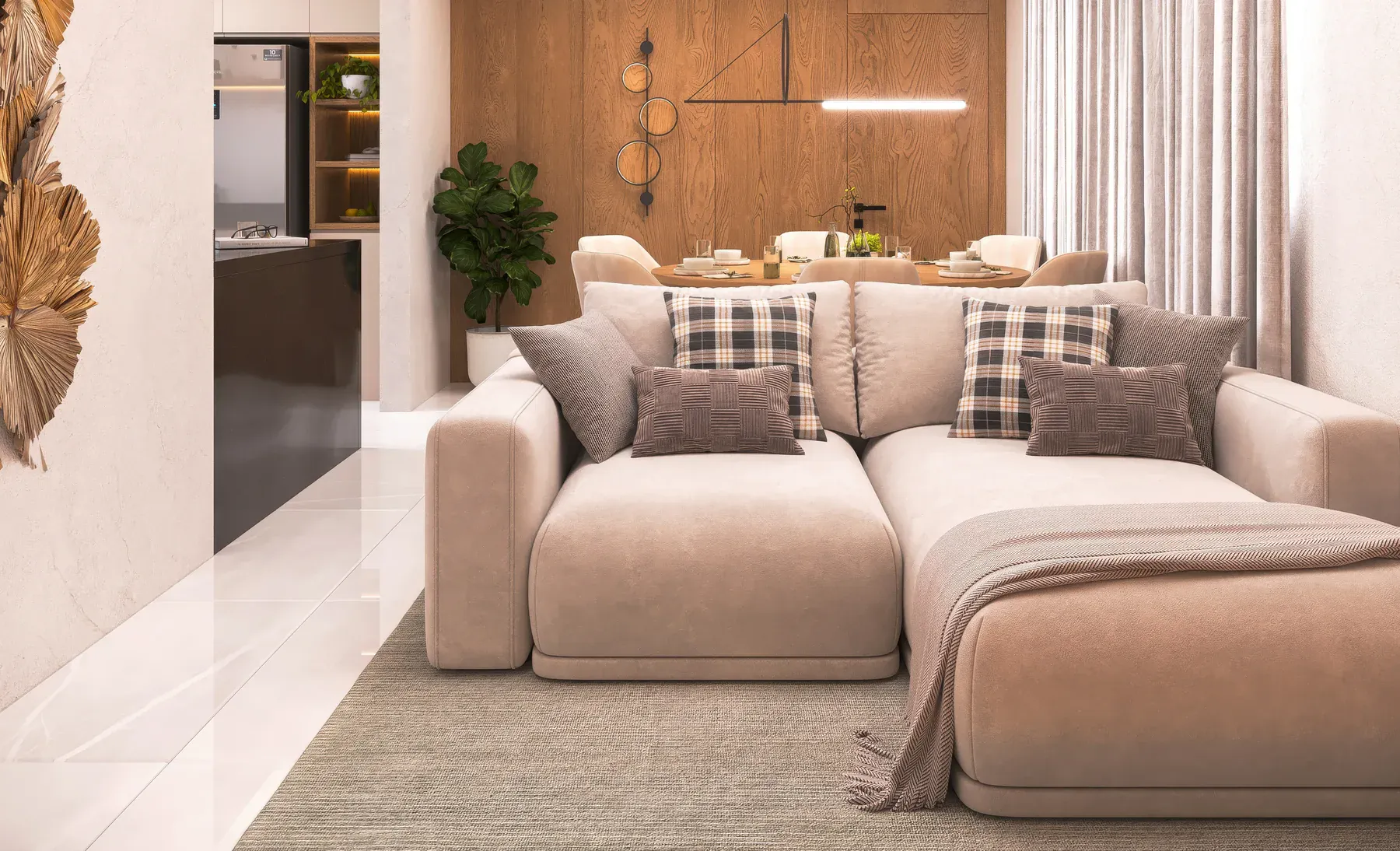 Sala de estar do Gríseo Residence com sofá amplo e painel de madeira ao fundo